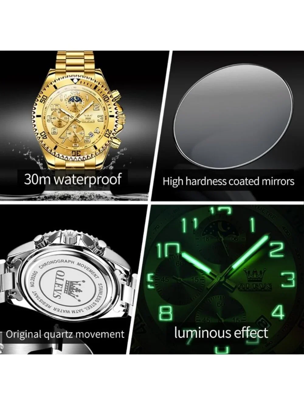 Men's Gold Elegant Stainless Steel Waterproof Quartz Big Face Fashion Wristwatch